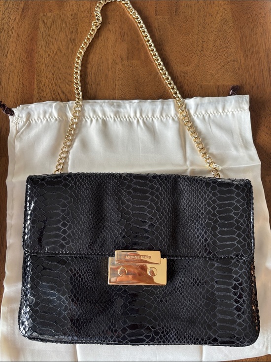 Michael Kors Handbags - Michael Kors Black Snake-Embossed Shoulder Bag with Gold Chain